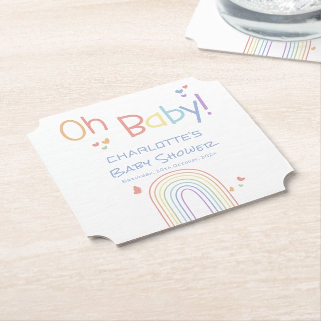 Cute Colourful Rainbow with Hearts Baby Shower Paper Coaster (Angled)