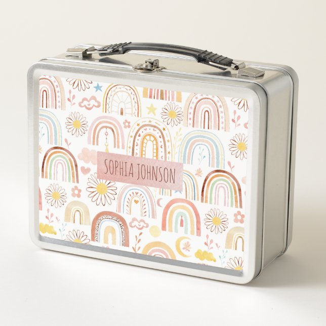 Cute Colourful Rainbows and Daisy Flowers Abstract Metal Lunch Box (Front)