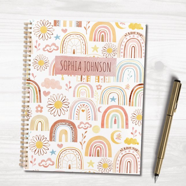 Cute Colourful Rainbows and Daisy Flowers Abstract Notebook (In situ)