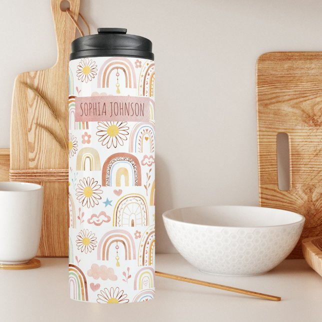 Cute Colourful Rainbows and Daisy Flowers Abstract Thermal Tumbler (In situ)