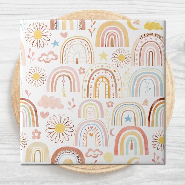 Cute Colourful Rainbows and Daisy Flowers Abstract Tile (Close up)
