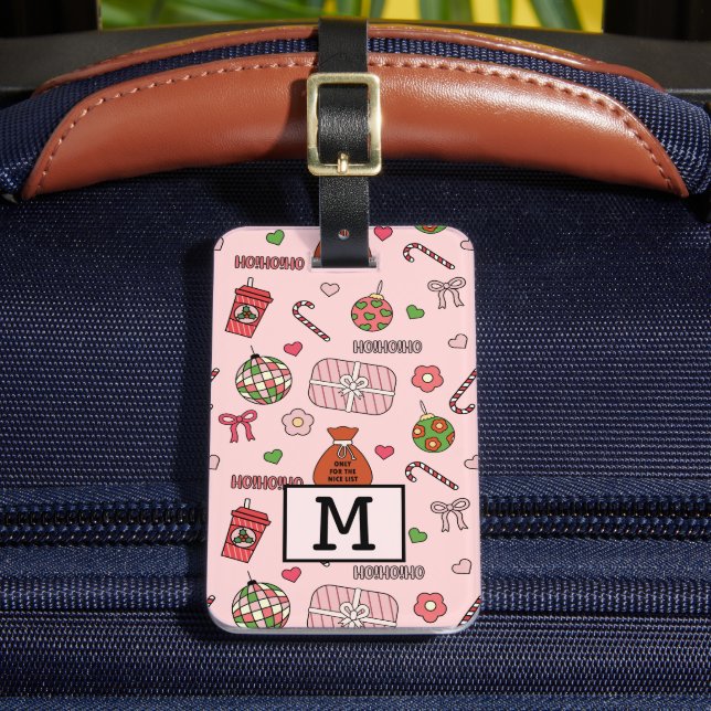 Cute Colourful Retro Christmas Pink Luggage Tag (Front Insitu 2)