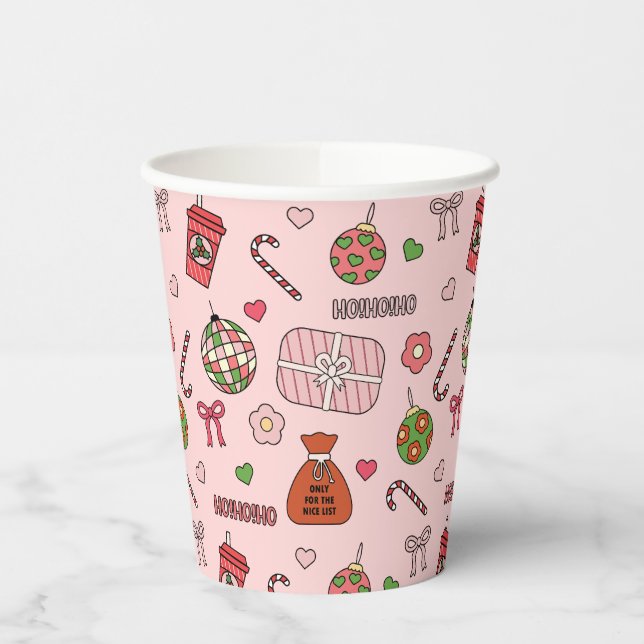 Cute Colourful Retro Christmas Pink Paper Cups (Left)