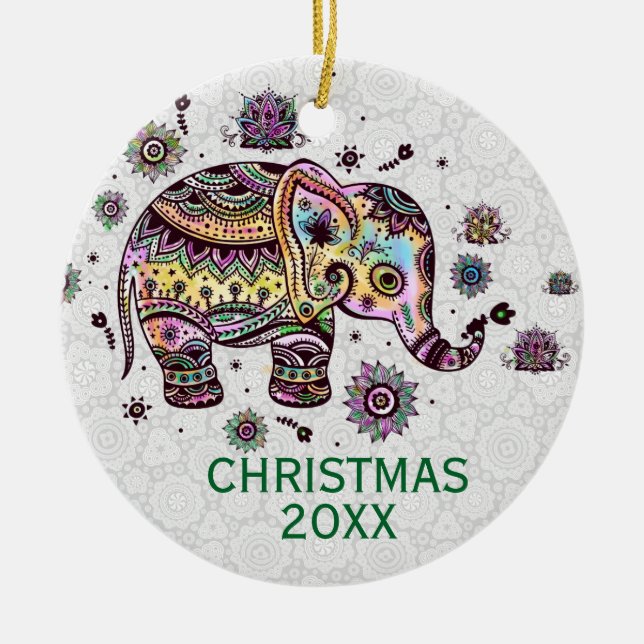 Cute Colourful Retro Floral Elephant Illustration Ceramic Tree Decoration (Front)