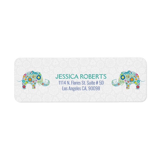 Cute Colourful Retro Floral Elephants Label (Front)