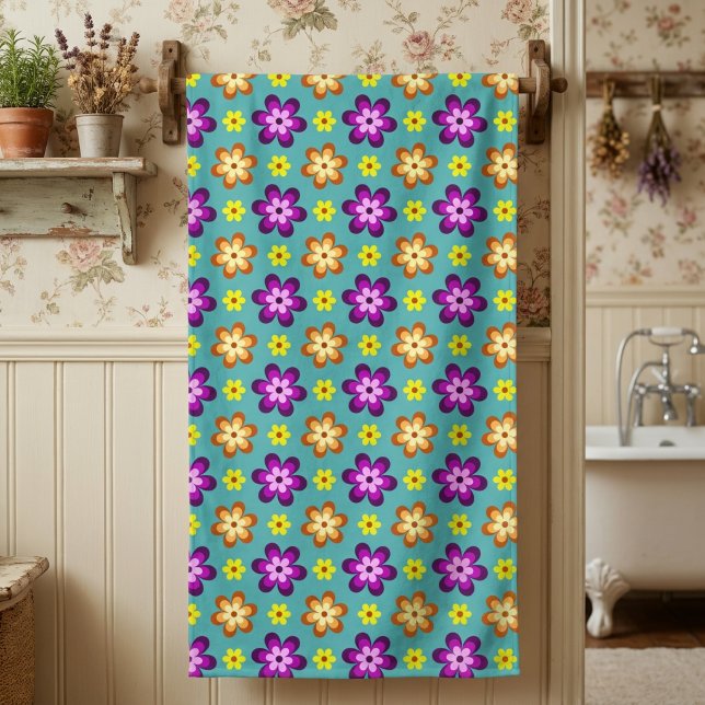 Cute Colourful Retro Flowers Bath Towel (Cute Colorful Retro Flowers Bath Towel hanging on towel rack in a cottagecore style bathroom.)