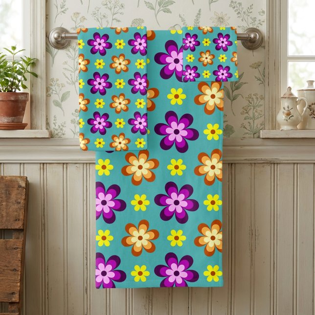 Cute Colourful Retro Flowers Bath Towel Set (Cute Colorful Retro Flowers Bath Towel Set hanging on a towel rack in a style cottagecore bathroom.)