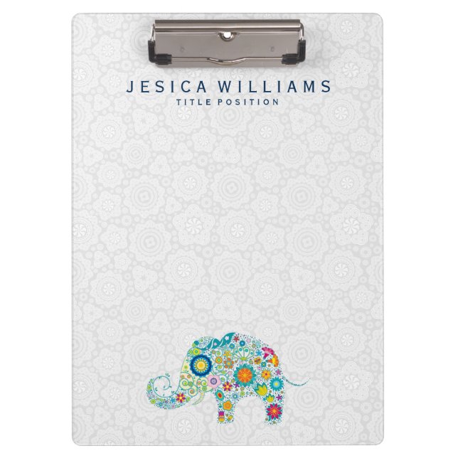 Cute Colourful Retro Flowers Elephant Illustration Clipboard (Front)