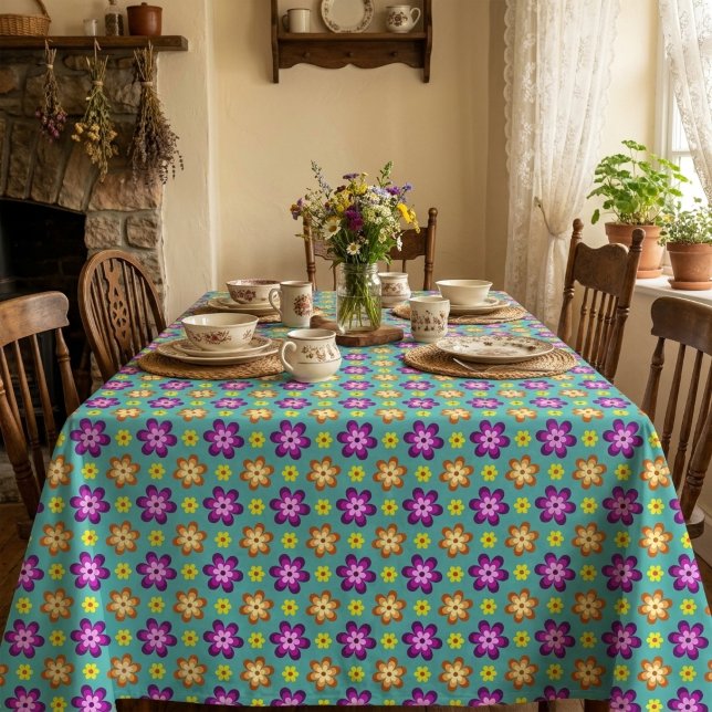 Cute Colourful Retro Flowers Large Tablecloth (Cute Colorful Retro Flowers Large Tablecloth covering a table in a cottagecore style dining room.)
