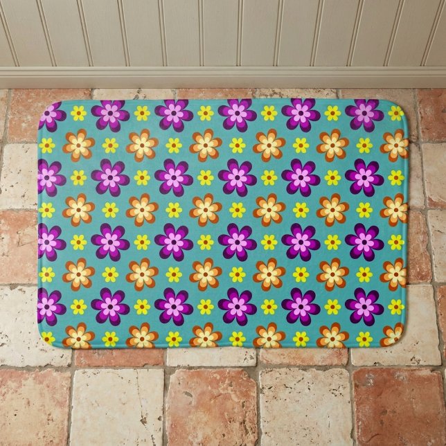 Cute Colourful Retro Flowers Medium Bath Mat (Top down view of Cute Colorful Retro Flowers Medium Bath Mat laying on tile floor.)