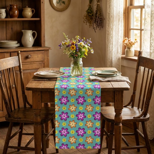 Cute Colourful Retro Flowers Small Table Runner (Cute Colorful Retro Flowers Small Table Runner covering a table in a cottagecore style dining room.)