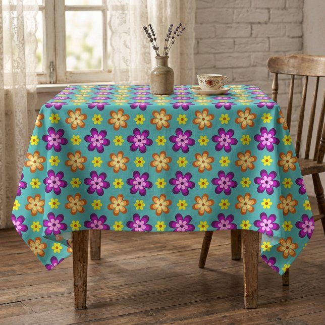 Cute Colourful Retro Flowers Small Tablecloth (Cute Colorful Retro Flowers Small Tablecloth covering a table in a cottagecore style dining room.)