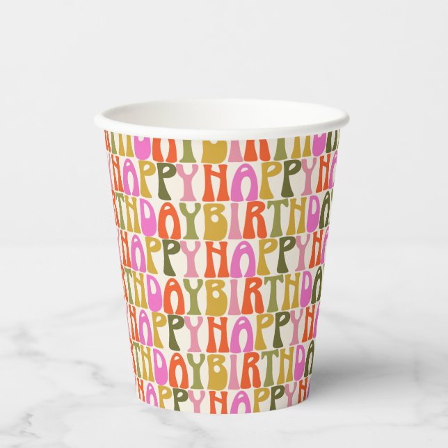 Cute Colourful Retro Happy Birthday Text Pattern  Paper Cups (Front)