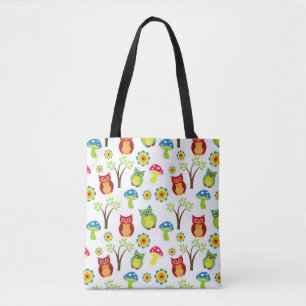 Cute Colourful Retro Owls, Mushrooms and Trees Tote Bag