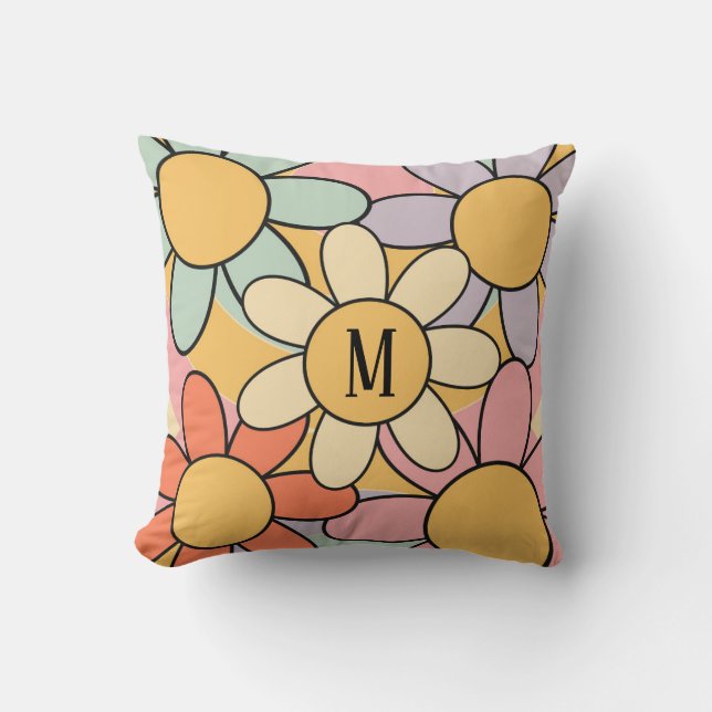 Cute colourful retro style daisy flowers cushion (Front)