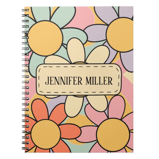 Cute colourful retro style daisy flowers notebook (Front)