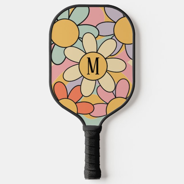 Cute colourful retro style daisy flowers pickleball paddle (Front)
