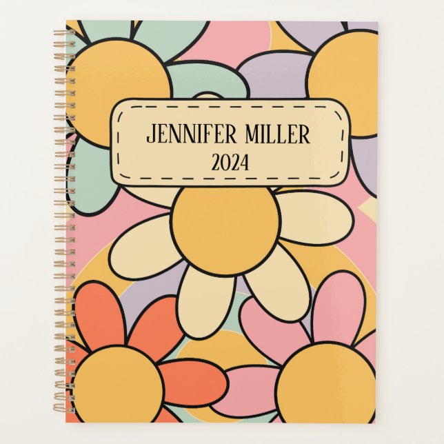 Cute colourful retro style daisy flowers planner (Front)