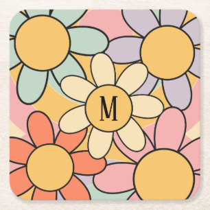 Cute colourful retro style daisy flowers square paper coaster