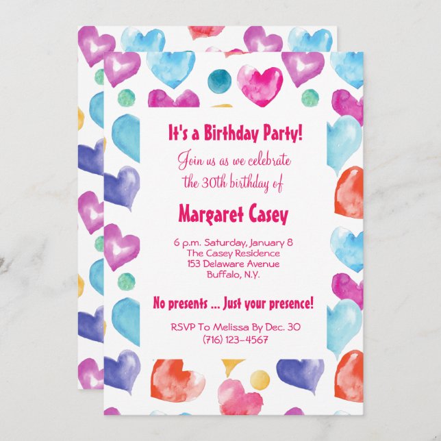 Cute Colourful Retro Watercolor Hearts Birthday Invitation (Front/Back)
