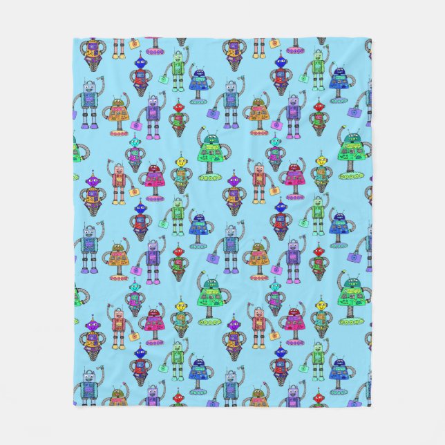 Cute colourful robots on blue background fleece blanket (Front)