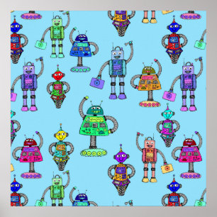 Cute colourful robots on blue background poster