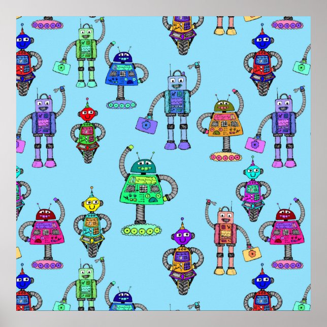 Cute colourful robots on blue background poster (Front)