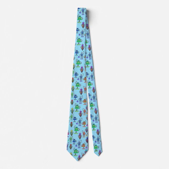 Cute colourful robots on blue background tie (Front)