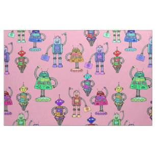 Cute colourful robots on pink background fabric