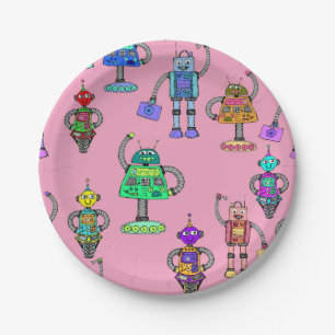 Cute colourful robots on pink background paper plate