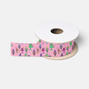 Cute colourful robots on pink background satin ribbon