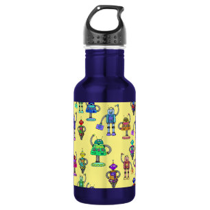 Cute colourful robots on yellow background 532 ml water bottle