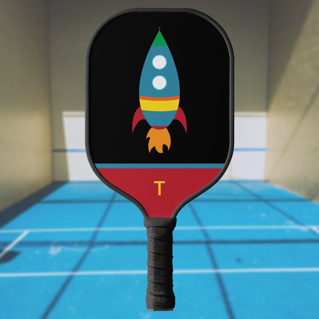 Cute Colourful Rocket on Black - Monogram Initial  Pickleball Paddle (Creator Uploaded)