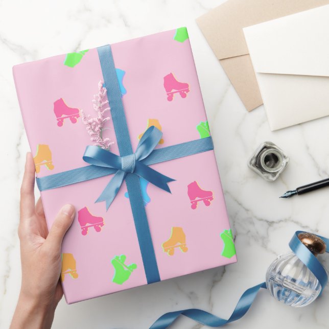 Cute Colourful Roller Skates Derby Pattern Pink Wrapping Paper (Gifting)