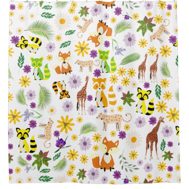 Cute colourful safari pattern giraffe kids white shower curtain (Front)