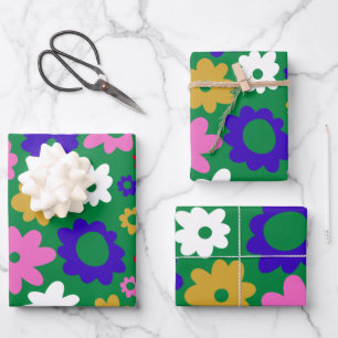 Cute Colourful Scandinavian Flower Pattern in Gree Wrapping Paper Sheet
