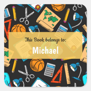 Cute Colourful School Supplies Kids Book Name Labe Square Sticker