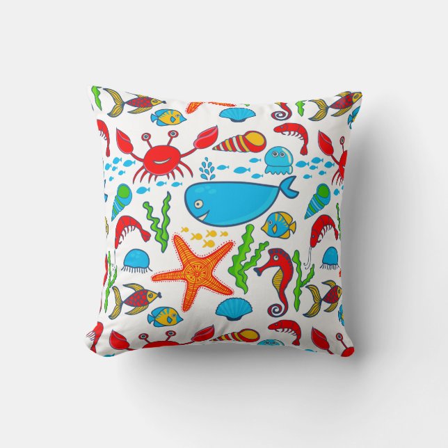Cute Colourful Sea-life Illustration Cushion (Front)