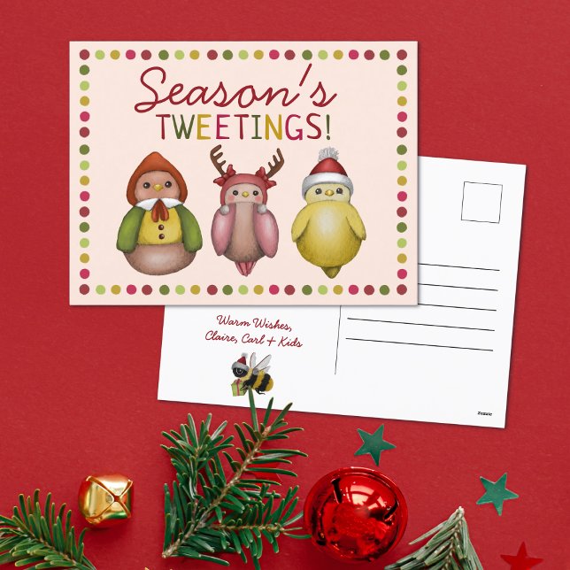 Cute Colourful Seasons Tweetings Bird Pun Christma Holiday Postcard (Creator Uploaded)