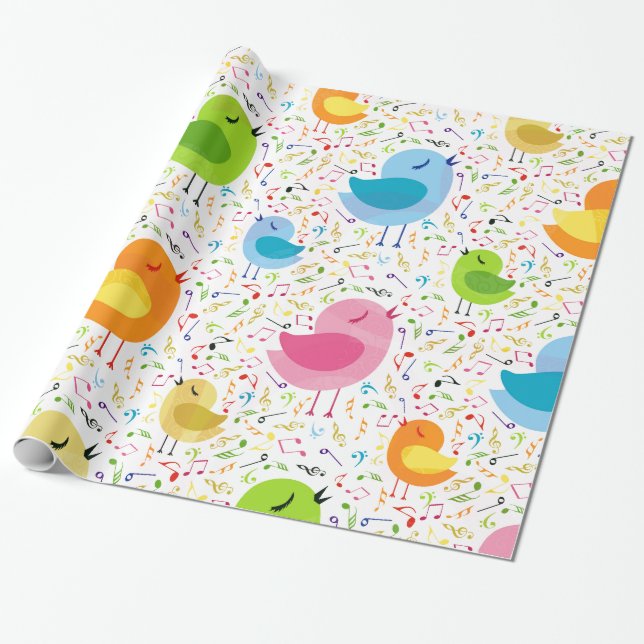 Cute Colourful Singing  Birds & Music Notes Patter Wrapping Paper (Unrolled)