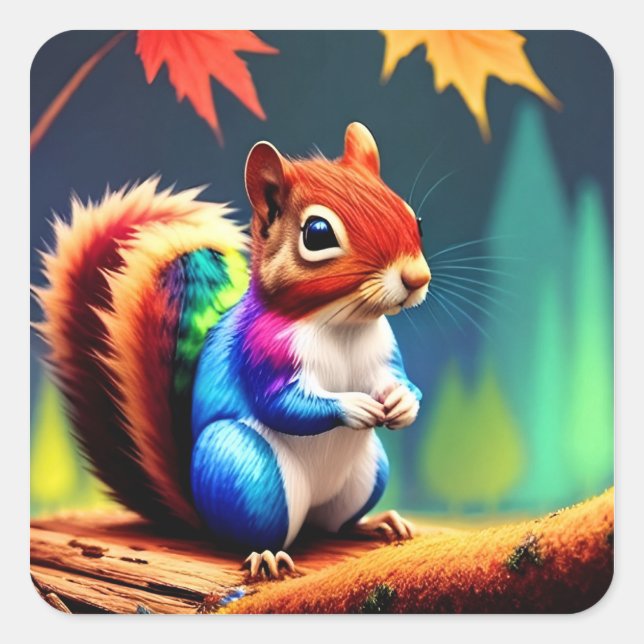 Cute Colourful Sitting Squirrel Square Sticker (Front)