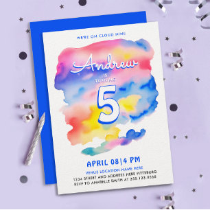 Cute Colourful Sky Cloud Nine Rainbow Watercolor Invitation