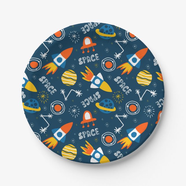 Cute Colourful Space Adventures Pattern Paper Plate (Front)