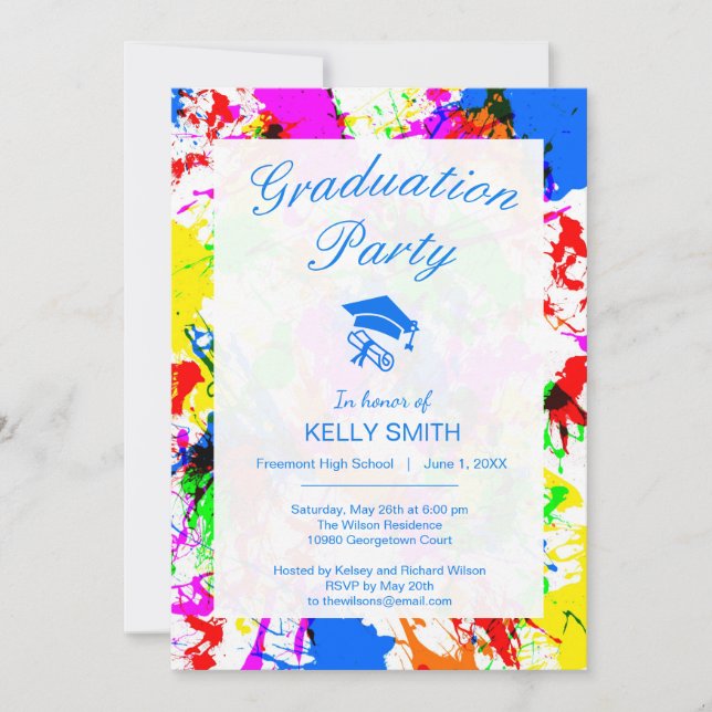 Cute colourful splatter paint design invitation (Front)