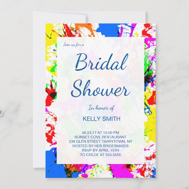 Cute colourful splatter paint design invitation (Front)