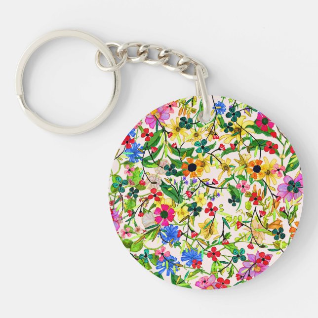 Cute colourful spring floral flowers key ring (Front)