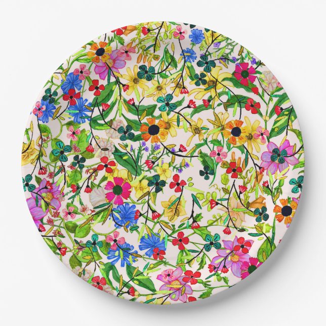 Cute colourful spring floral flowers paper plate (Front)