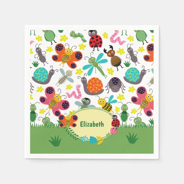 Cute Colourful Spring Insects Pattern Kids Party Napkin (Front)