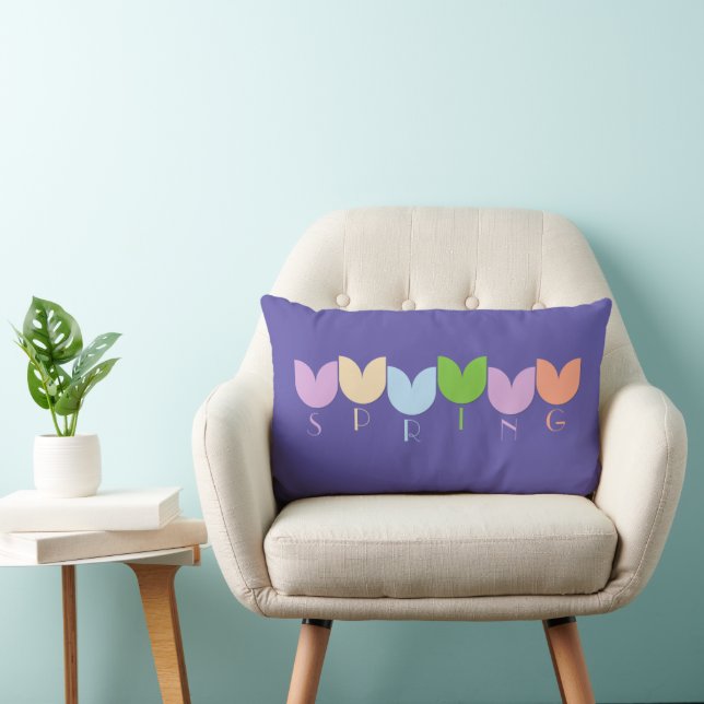 Cute Colourful Spring Tulips Art on Purple an Pink Lumbar Cushion (Chair)