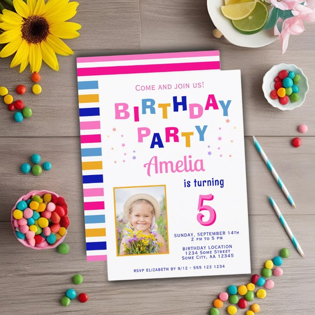 Cute Colourful Star Girl Photo Birthday  Invitation (Creator Uploaded)